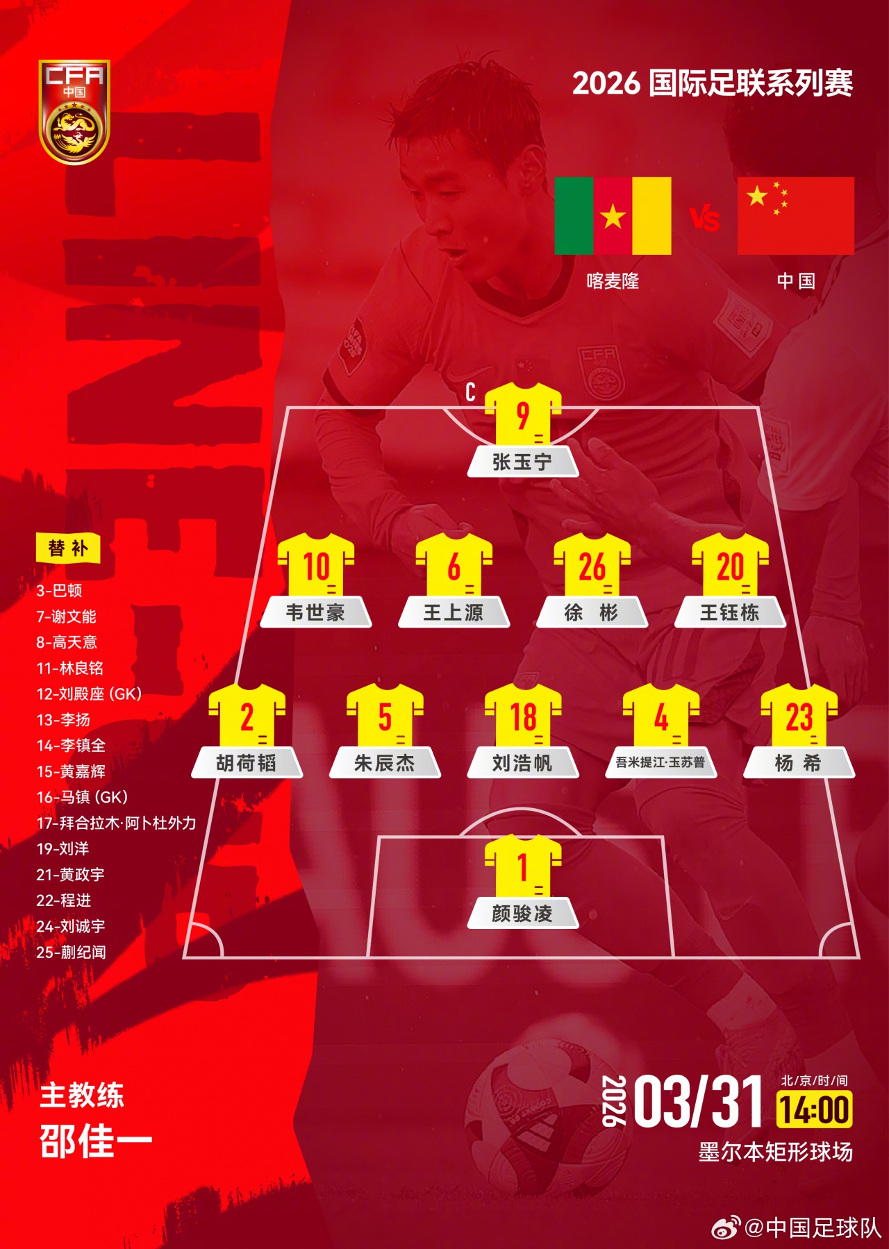 国足战喀麦隆首发名单出炉 海港三人领衔俱乐部贡献榜