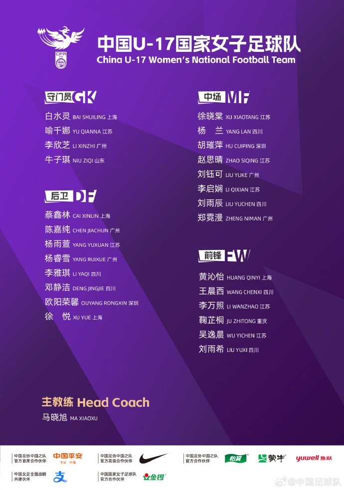 足协公布U17女足第四期集训名单 马晓旭挂帅黄沁怡领衔