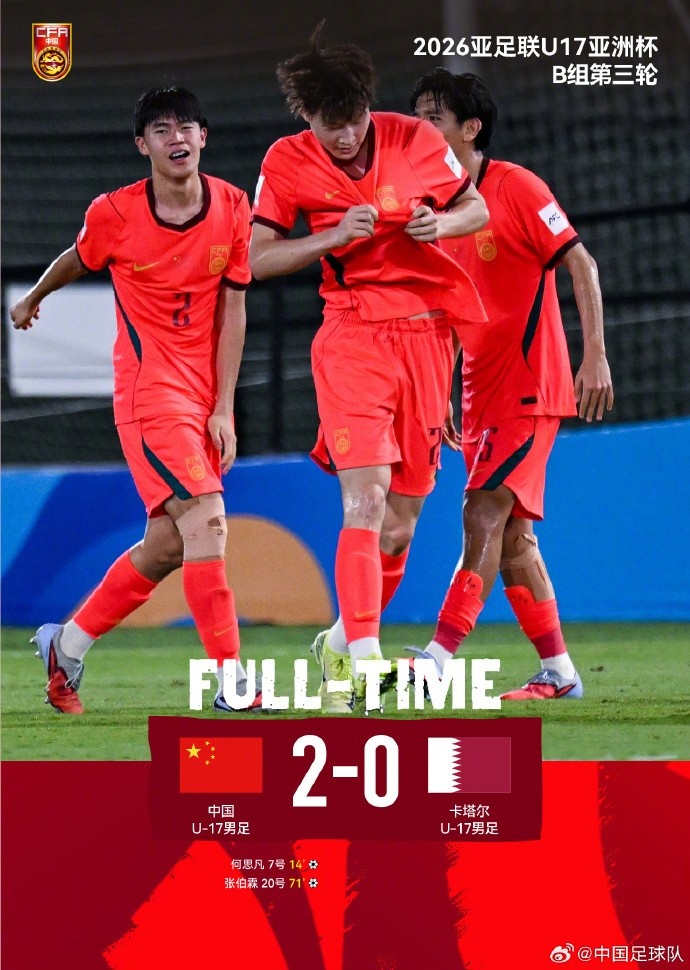 中国U17两球胜卡塔尔 锁定亚洲杯八强+世界杯门票 中国U17两球胜卡塔尔 锁定亚洲杯八强+世界杯门票