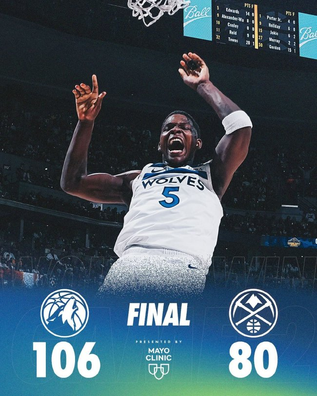 爱德华兹27+7 唐斯27+12 森林狼客场26分屠掘金2-0
