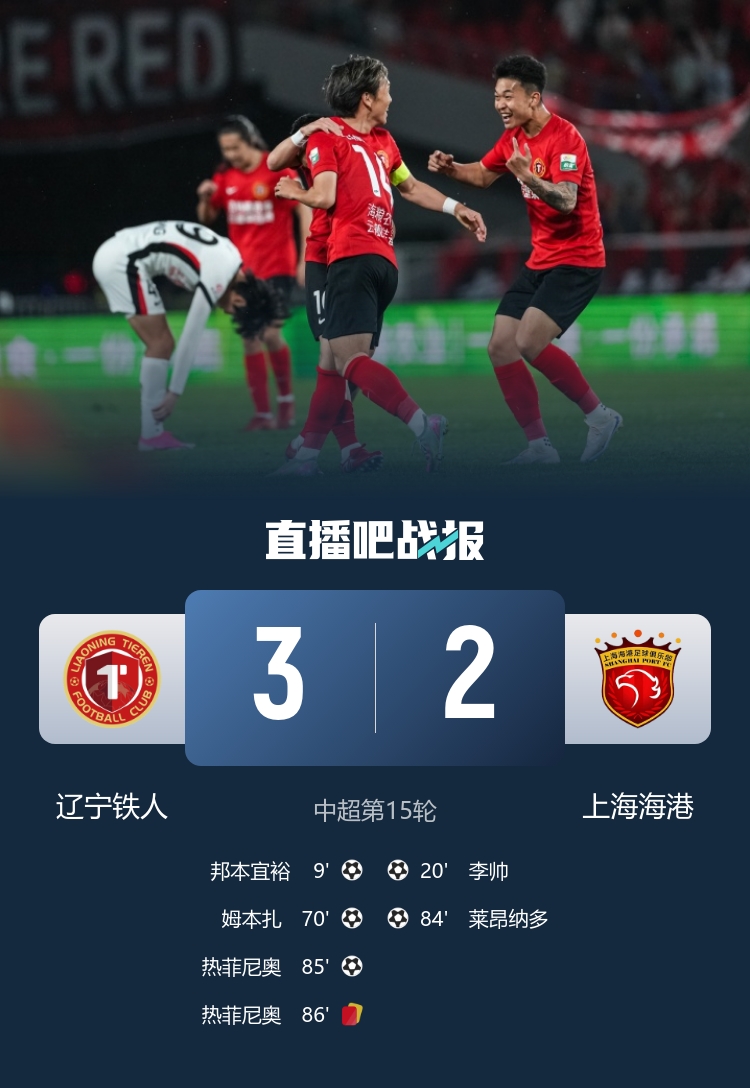 三连胜！铁人3-2海港 热菲尼奥绝杀+脱衣染红 姆本扎连续3场破门